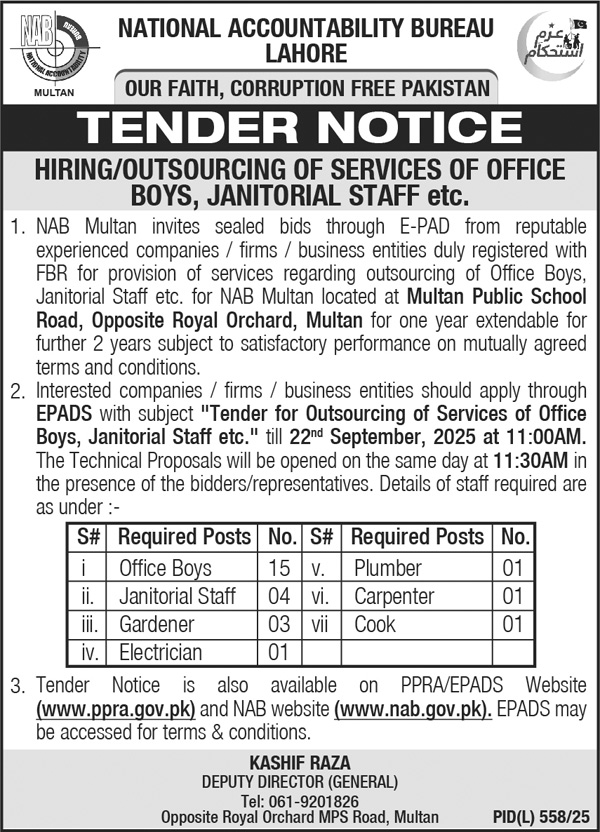 National Accountability Bureau Lahore Tender Notice